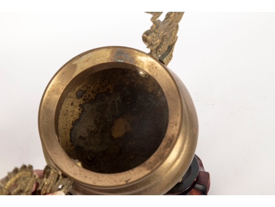 Chinese Brass Censer With Dragon Handles And Mythical Beast Finial