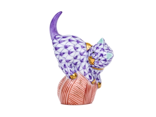 Herend Hand Painted Purple Fishnet Miniature Cat On A Ball Figure 
