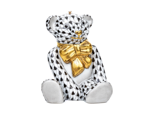 Rare Herend Hungary Porcelain Teddy Bear Ornament Figure, Black Fishnet Pattern