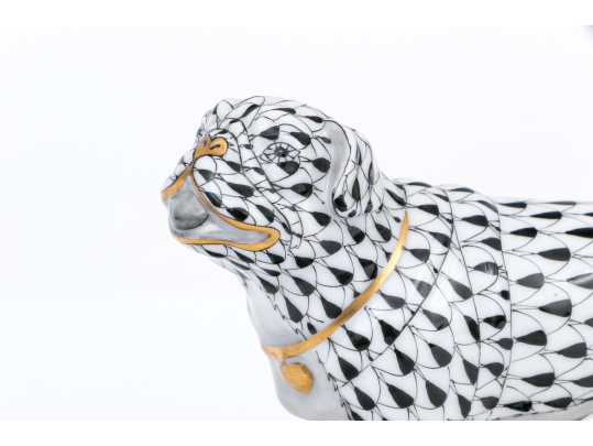 Herend Hungary Hand-Painted Porcelain Pug Figure – Black Fishnet Pattern
