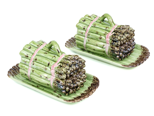 Portuguese Bordallo Pinheiro Hand-Painted Asparagus Form Tureens With Underplates