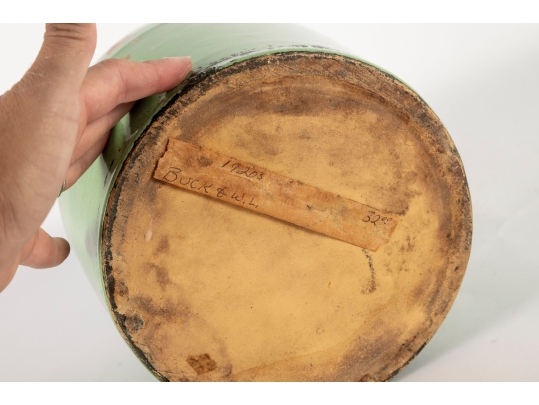 Antique Green Glazed Stoneware Lidded Crock