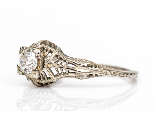 18k White Gold Vintage Filigree And Diamond Ring, App. 0.28 CTS, Size 6.5