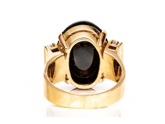 14k Yellow Gold Contemporary Cabachon Black Onyx And Diamond Ring, Size 6.5, App. 0.12 TCW