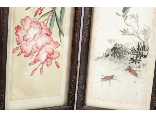 Vintage Chinese Folding Table Screen With Hand-Painted Scenes