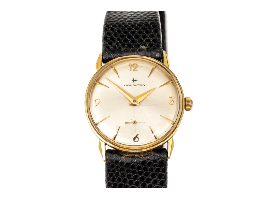 Hamilton 14k Yellow Gold Vintage 30mm Mechanical Strap Watch, Silvered Dial