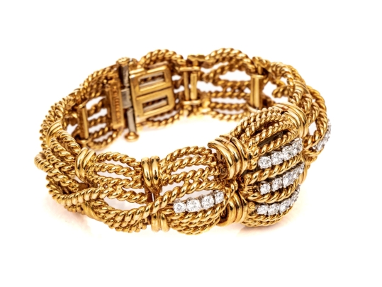 David Webb 18k Yellow Gold Stunning Vintage Diamond Set Rope Motif Bracelet, With Hidden Watch