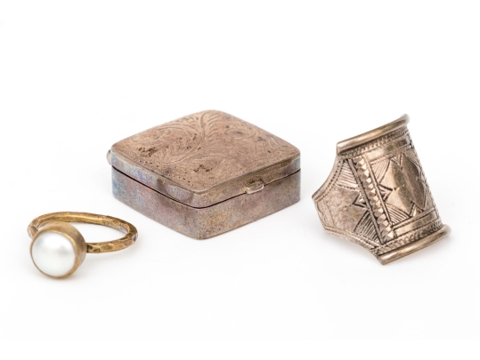 Collection Of Three Sterling Silver Pieces, Including Two Rings And A Pill Box