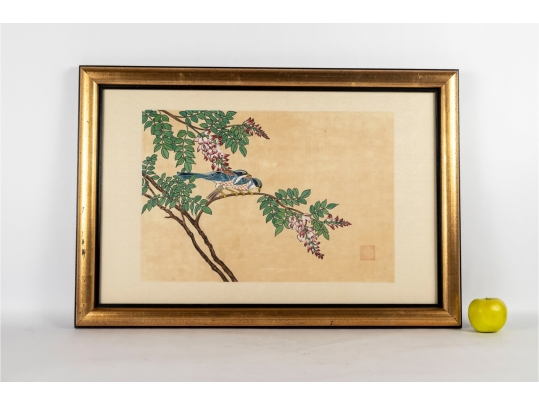 Framed Asian Painting On Silk Of Blue Jays And Blossoms