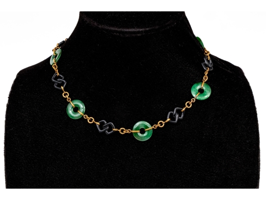 Trio 14k Yellow Gold Beautiful Vintage Nephrite Jade And Black Onyx Link Necklace