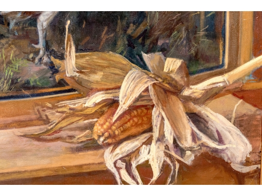 Oil On Canvas Painting Depicting A Man And Pheasant