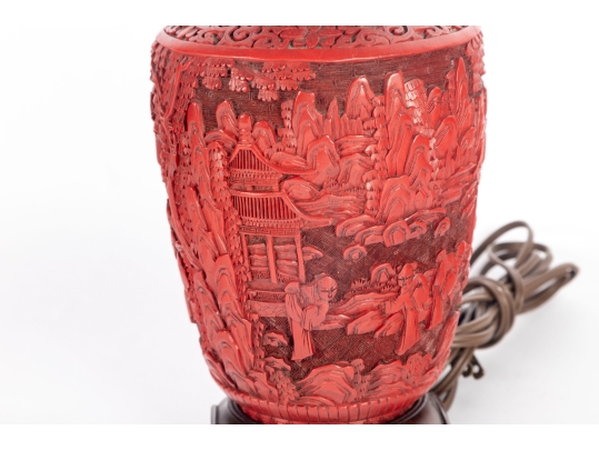 Vintage Carved Cinnabar Table Lamp