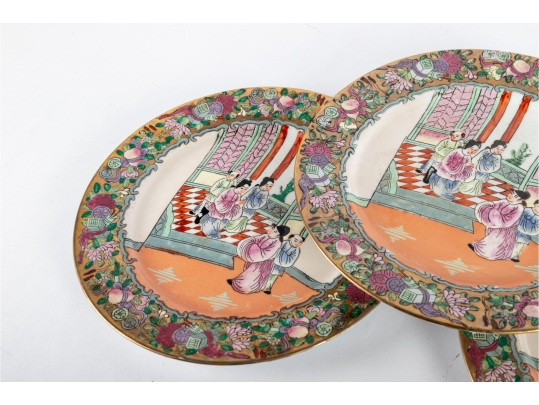 Set Of Three 19th C. Chinese Famille Rose Plates With Court Scenes