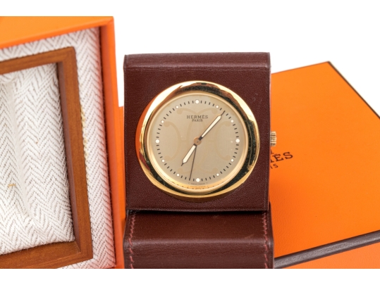 Hermes Diminutive Travel Alarm In Leather Case, Boxed