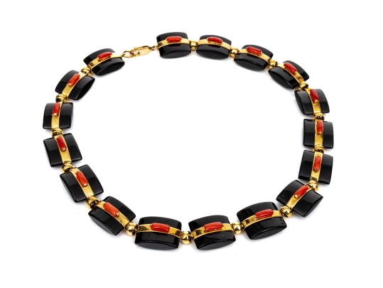 18k Yellow Gold Beautiful Chunky Square Black Onyx Pillow Link And Coral Set Necklace
