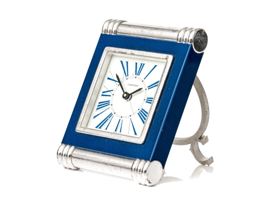 Cartier Vintage Blue Composite Deco Style Travel Clock, Ribbed Ends