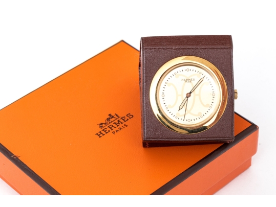 Hermes Diminutive Travel Alarm In Leather Case, Boxed