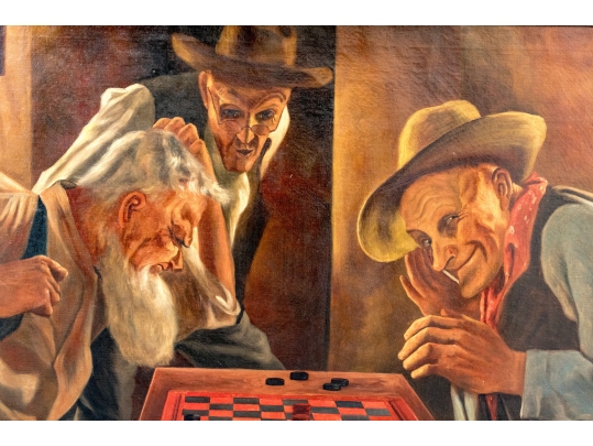 A. Lorenz Signed Oil On Canvas, Men Playing Checkers