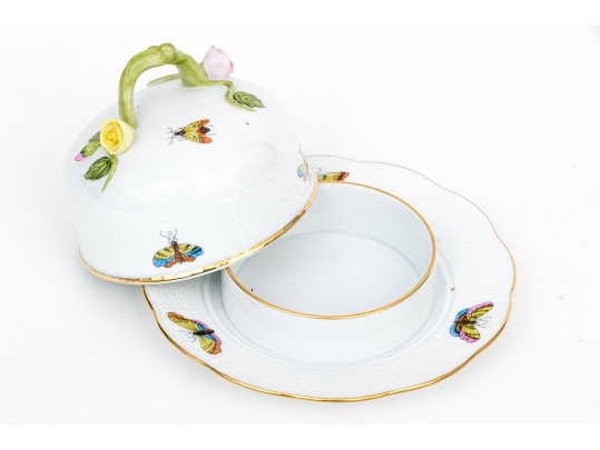 Herend Hungary Hand-Painted Porcelain Covered Butter Dish, Rothschild Bird (RO) Pattern