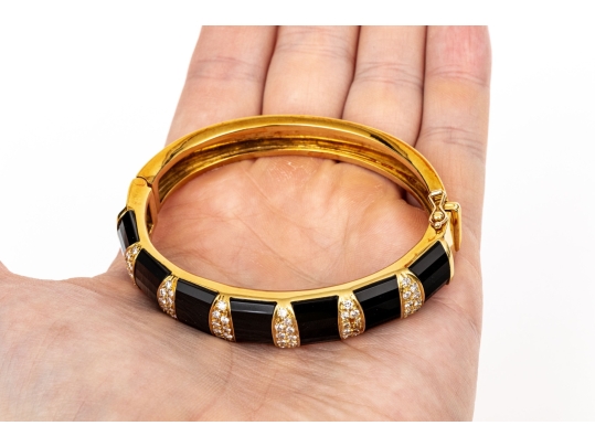 La Triomphe 18k Yellow Gold Stunning Vintage Black Onyx And Pave Diamond Bangle Bracelet