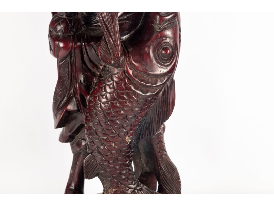 Chinese Carved Wood Figure Of Shou Lao With Carp