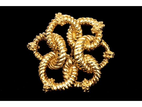 18k Yellow Gold Magnificent Ribbed And Beaded Knot Brooch/necklace Enhancer