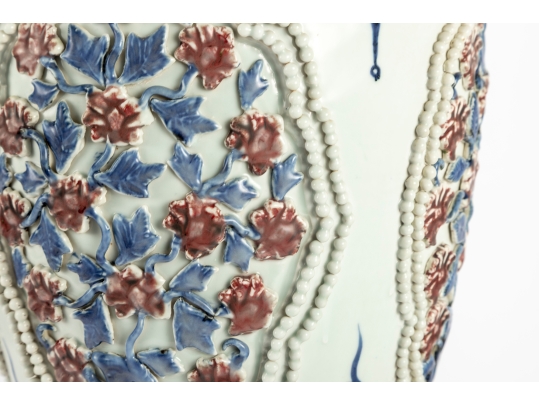 Chinese Republic Period Porcelain Vase With Applied Floral Decoration