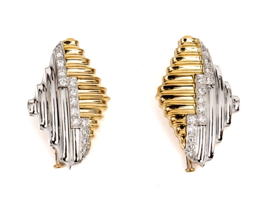 Michael Bondanza Platinum, 18k And Diamond Pair Of Opposing Deco Style Brooches, App. 1.20 TCW