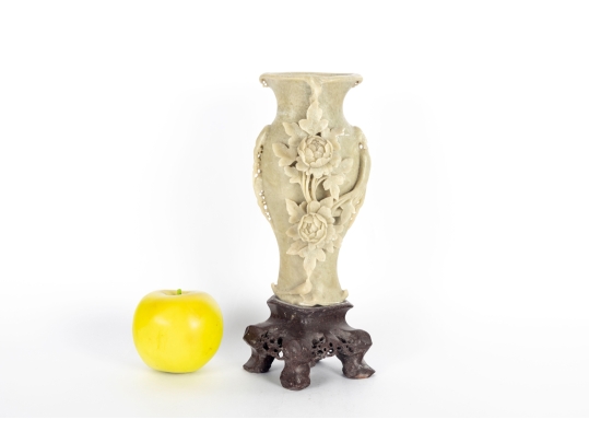 Carved Soapstone Vase With Floral Motif