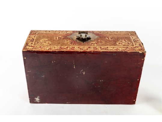 Antique Chinese Red And Gilt Lacquered Wood Storage Box With Brass Hardware