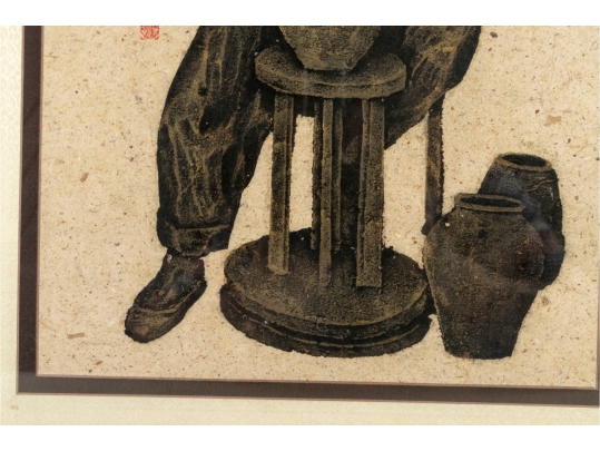 Pair Of Framed Asian Ink Drawings On Textured Paper