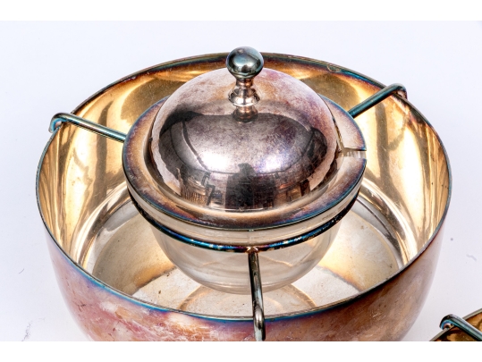 Associated Set Of Two Silver Plated And Glass Caviar Servers With Two Mother Of Pearl Spoons