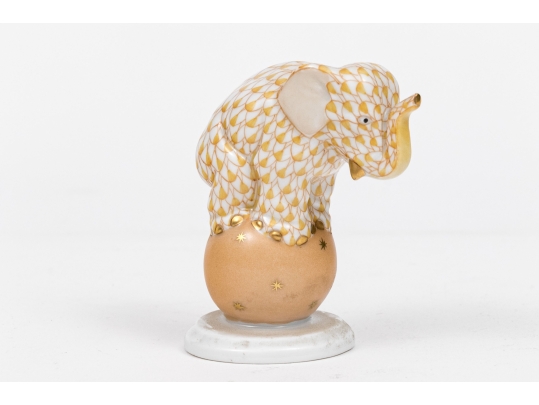 Herend Hungary Hand-painted Porcelain Circus Elephant On Ball, Butterscotch Fishnet Pattern