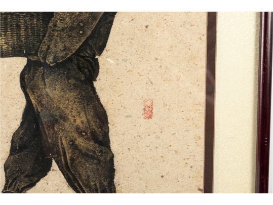 Pair Of Framed Asian Ink Drawings On Textured Paper