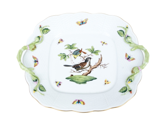 Herend Hand-Painted Porcelain Twin-Handled Square Serving Dish – Rothschild Bird (RO) Pattern