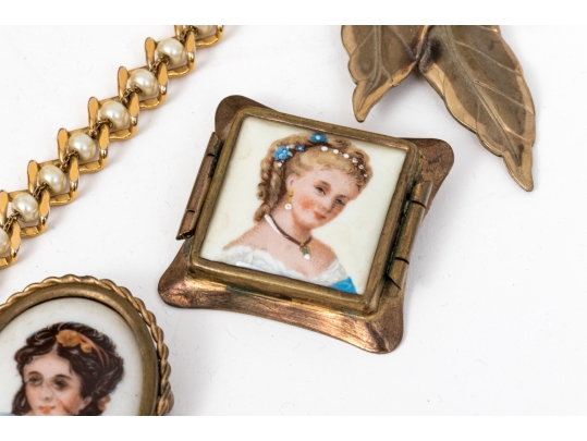 Collection Of Fashion And Limoge Brooches, Necklace And Two Jewelry Boxes