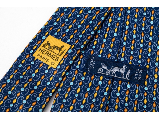 Hermes Handsome Navy Blue And Multi Color Silk Tie, With Box