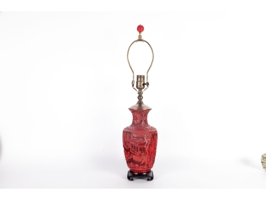 Vintage Carved Cinnabar Table Lamp