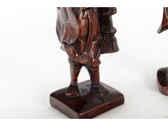 Pair Of Chinese Carved Wood Elder Figures With Removable Hats