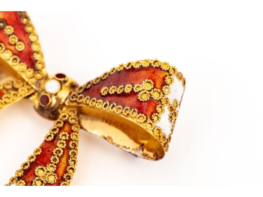French 800 Vermeil Silver Beautiful Ornate Red And White Fringed Enamel Bow Brooch