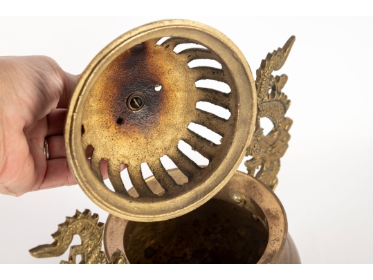 Chinese Brass Censer With Dragon Handles And Mythical Beast Finial