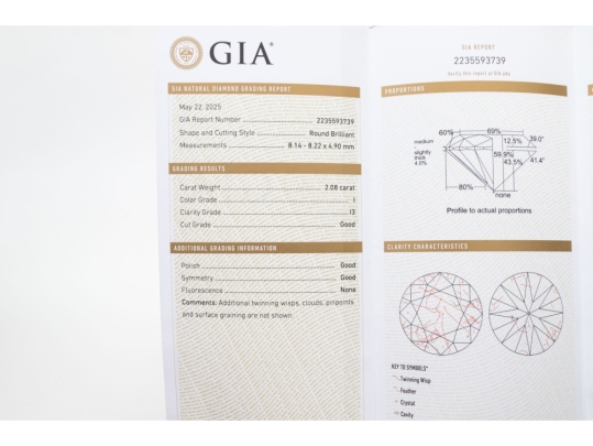 Round Brilliant Cut Diamond, 2.08 CTS, GIA Cert