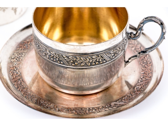 Five Piece Collection Of Silver Plated Cups, With A Saucer