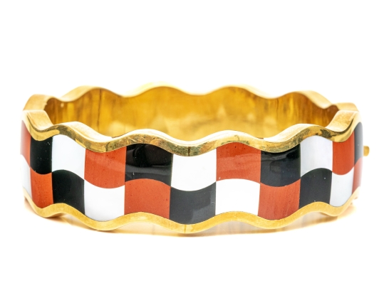 Tiffany & Co. 18k Yellow Gold Angela Cummings Wonderful Inlaid Wave Bangle, With Box