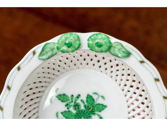 Herend Hungary Hand-Painted Porcelain Reticulated Basket, Green Chinese Bouquet Pattern