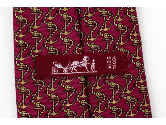 Hermes Burgundy And Gold Anchor Motif Silk Tie, With Box