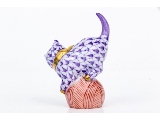 Herend Hand Painted Purple Fishnet Miniature Cat On A Ball Figure 