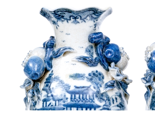 Pair Of Decorative Chinese Export Style Blue And White Porcelain Vases 