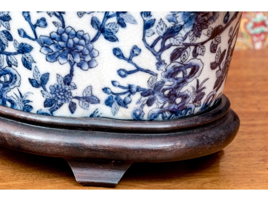 Decorative Chinese Export Style Twin Handled Jardiniere With Wood Stand