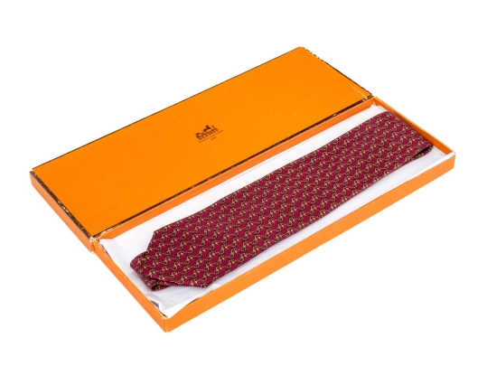 Hermes Burgundy And Gold Anchor Motif Silk Tie, With Box